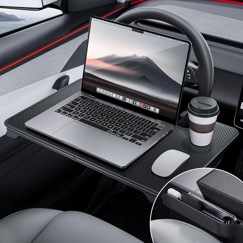 YONZEE 2-in-1 Car Steering Wheel Desk Tray & Car Seat Gap Filler Organizer – Foldable Carbon Fiber Look Table for Laptop, Eating Food, Writing – for Standard Round Steering Wheels - Image 1